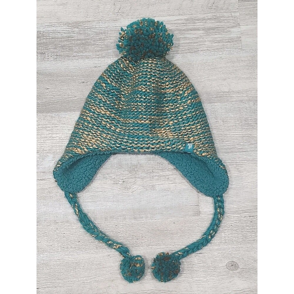 The North Face One Size Fleece Lined Knit Winter Hat Green & Gold With Pom Pom